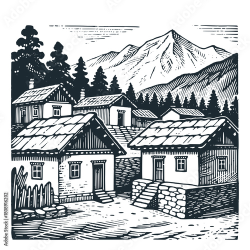 Nepali village – Black and White Icon Vector and Illustration