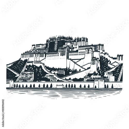 Potala Palace Lhasa – Black and White Icon Vector and Illustration