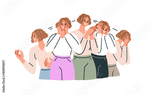 Mood swings, emotion changes from angry to happy and sad. Mental health, psychology problem concept. Feelings instability, bipolar disorder. Flat vector illustration isolated on white background