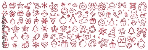Christmas Line Icons Collection Minimal Holiday Outline Symbols Including Snowflakes, Gifts, Trees, Ornaments, Santa Elements, Winter Decorations, and Festive Doodle Vector Set for New Year 