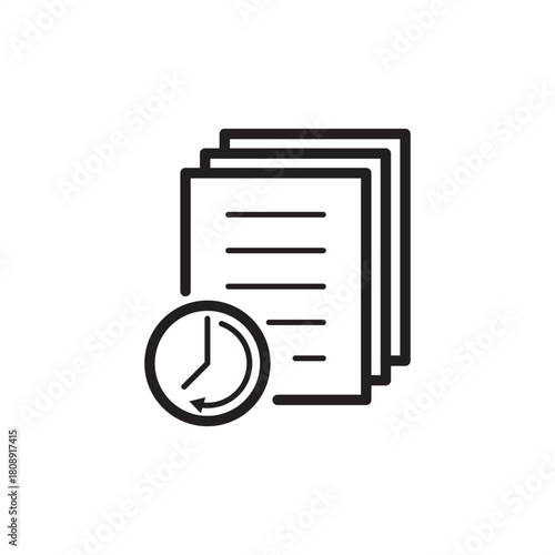 Data Historian icon. Features stacked documents with a clock history symbol. Represents time-series data storage, industrial archiving, data logging, trend analysis, and operational history for IIoT.
