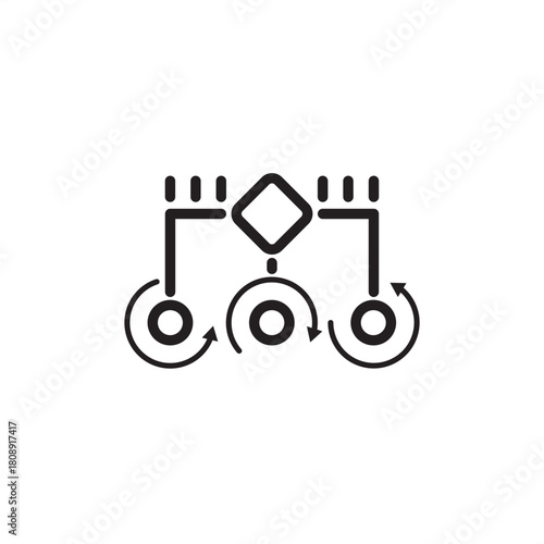 Process modeling icon. Features a flowchart with a decision diamond and looping arrows. Workflow automation, business process management (BPM), industrial optimization, and digital transformation.