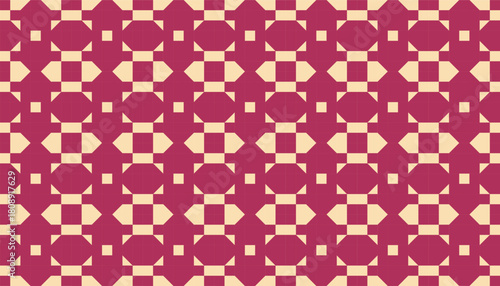 A seamless geometric pattern featuring a lattice-style arrangement in maroon and beige tones. The design uses repeated square, circle, and angular shapes to create a retro yet elegant visual rhythm