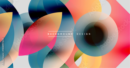 Abstract colorful shapes overlap creating dynamic visual effect. Gradient hues blend smoothly, forming modern background design.