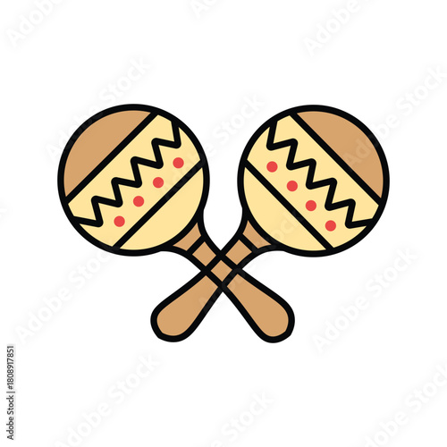 Two crossed maracas with decorative patterns are positioned over a white background