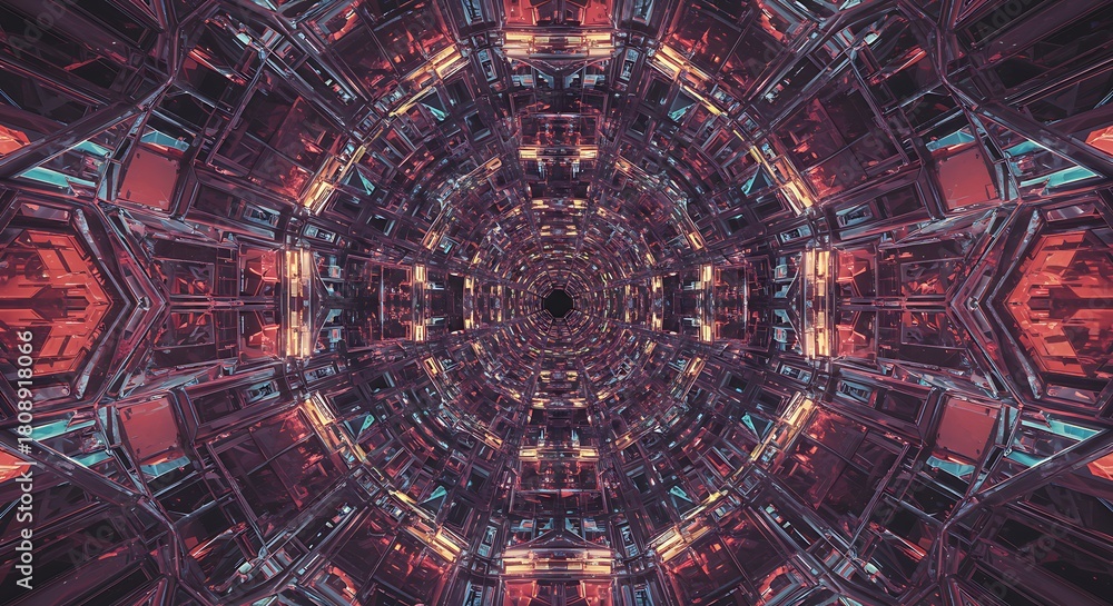 Fototapeta premium Futuristic tunnel perspective with complex geometric structures and vibrant colors