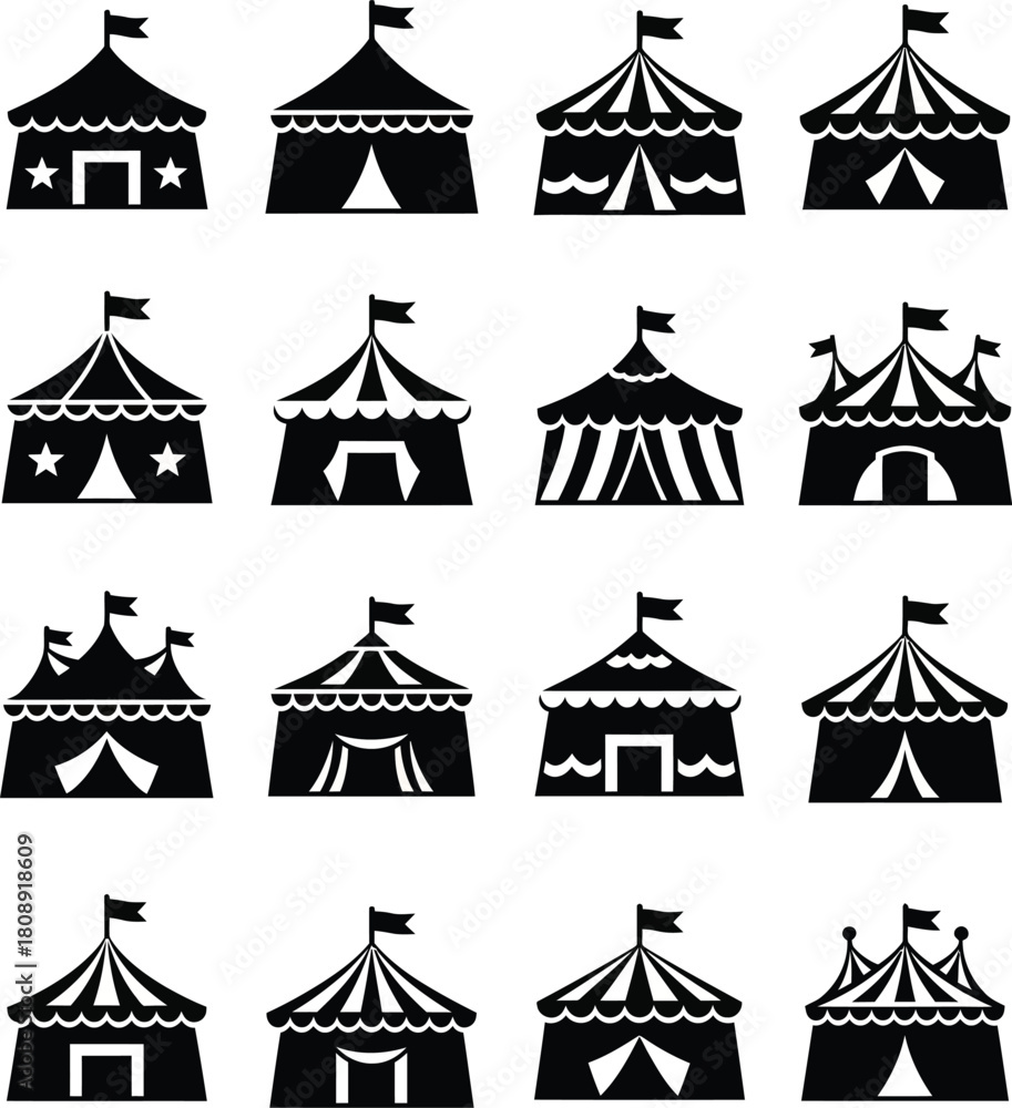Fototapeta premium Classic Circus Tent with Flag and Open Entrance - Black and White Illustration.