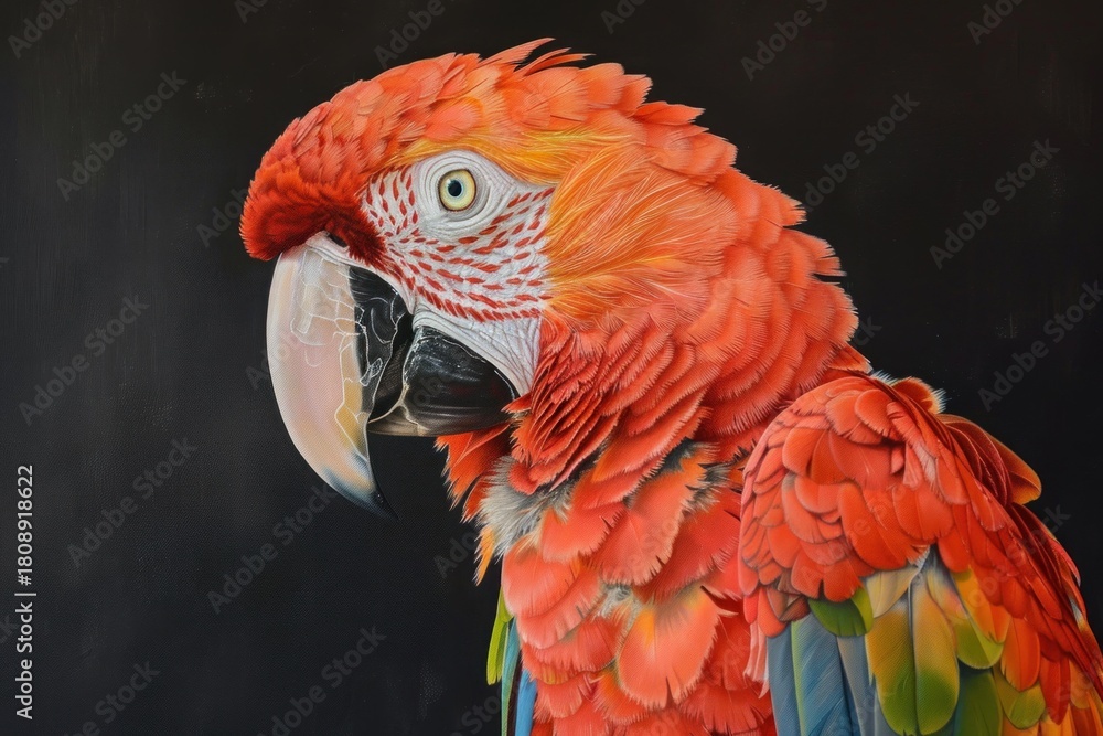 Obraz premium Close up portrait of a scarlet macaw parrot, highlighting the vibrant colors and details of its feathers against a dark backdrop