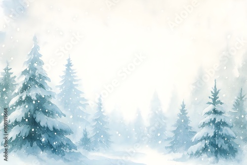 Watercolor Winter Pine Forest Banner with Snowy Hand Painted Trees