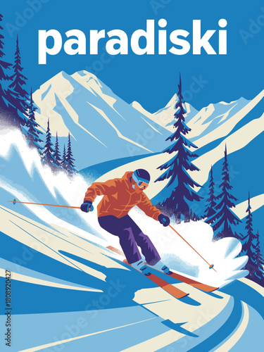Paradiski ski travel poster vector illustration in Art Deco style
