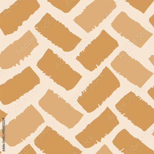 Hand painted rectangle shapes creating an illusion of laid bricks as a minimalist herringbone pattern in subtle colors of brown, cream and peach on beige background. Abstract seamless vector pattern. 