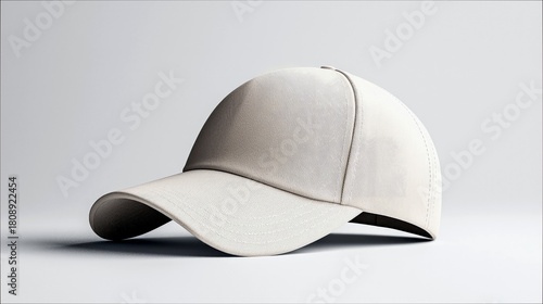 A plain, light beige baseball cap with a curved brim and visible stitching details is presented against a neutral gray background.