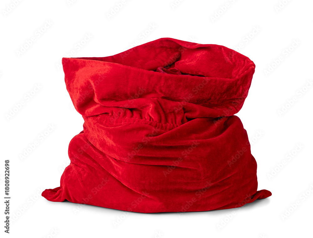 Fototapeta premium Red Santa Claus sack full of presents, PNG with transparent background. Festive Christmas bag, velvet texture, perfect holiday design element for seasonal projects.