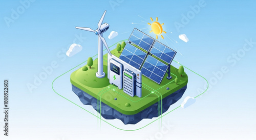 Illustration of renewable energy sources wind turbine solar panels and battery storage for green power usage