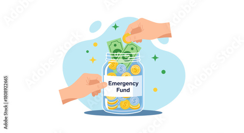 Hands depositing money into a glass jar labeled 'Emergency Fund', symbolizing savings and financial security for unforeseen events.