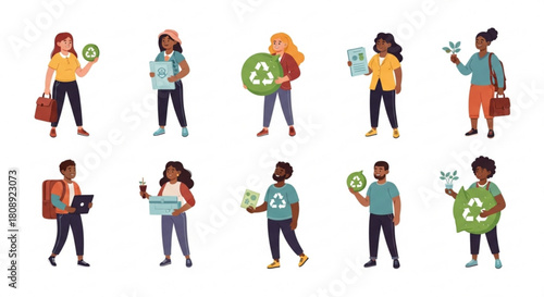 Diverse group of people promoting recycling and sustainable living for environmental conservation effort