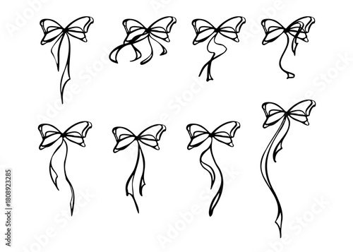 Assorted monochrome ribbon bows in flat vector design hand drawn in ink. Simple outline shapes isolated for clean layouts. Icons, minimal wrapping ideas, print templates, and elegant decorative use.