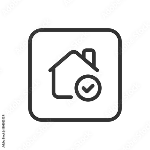 Real Estate Home House Checkmark line icon – house with checkmark outline vector for verified listing, property confirmed, home inspection passed UI