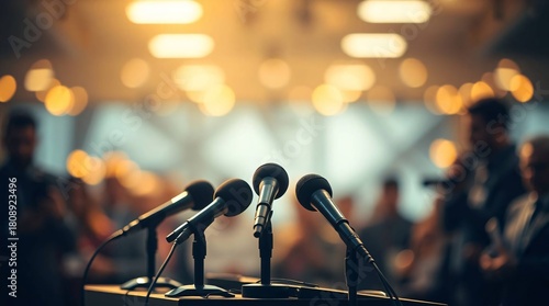 Press conference setup with microphones on podium and journalists in background for Press day
