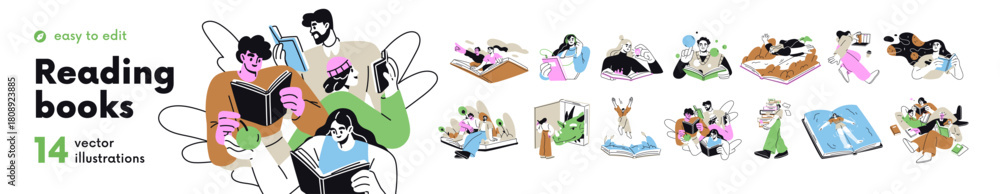 Obraz premium Book concepts set. People reading fantasy, fiction, education literature, studying. Readers learning dream world. Imagination, knowledge. Flat graphic vector illustrations isolated on white background