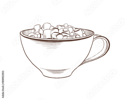 Classic wide porcelain cup with elegant handle,featuring Americano coffee,marshmallow as a symbol of winter cozy,Christmas spirit for coffee lovers,celebrations,simply a break.Vector clipart in line
