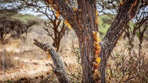 Golden Gum Resin on Acacia Tree, Natural Botanical Secretion, in Arid Savanna Landscape, Closeup View, copy space.
