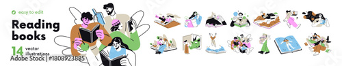 Book concepts set. People reading fantasy, fiction, education literature, studying. Readers learning dream world. Imagination, knowledge. Flat graphic vector illustrations isolated on white background