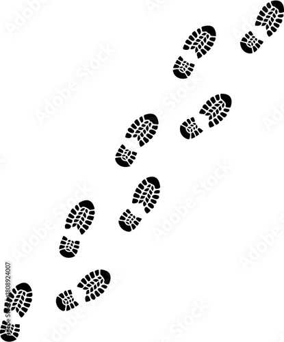 A black and white vector illustration of boot prints forming a walking path, representing a journey, trail, or evidence
