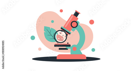 An illustrated view of a microscope examining a sample, with a leaf and abstract shapes, conveying scientific study and research.
