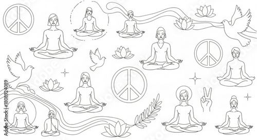 Peaceful yoga meditation illustration with lotus flowers and doves for wellness and relaxation design