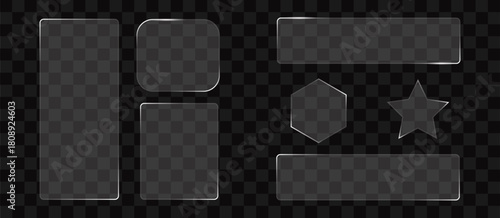 Transparent Glass Frames and Shapes on Black and White Checkered Background Featuring Rectangular Circular and Oval Designs with Metallic Glow