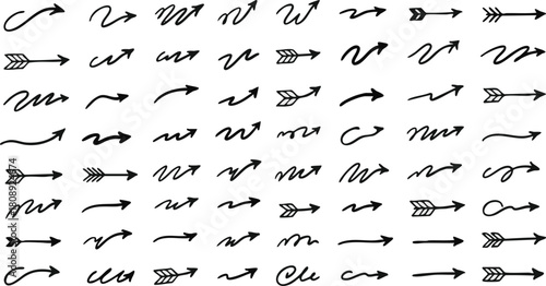 Set of black handdrawn scribble arrows collection different shapes signs pointers