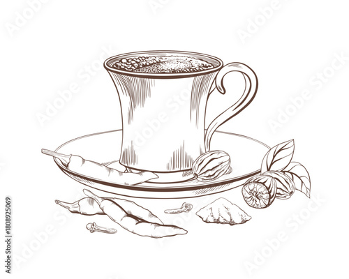 Coffee cup with black coffee and foam on a classic porcelain saucer,red pepper,nutmeg,cloves in black and white vector style.Classic eastern coffee ceremony clipart for cafe menu,and food branding