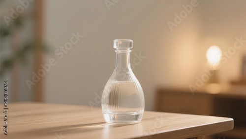 Wallpaper Mural A transparent wine bottle is placed on a wooden table, presented in a warm indoor environment, showing the texture of alcoholic beverages and elegant life aesthetics. Torontodigital.ca