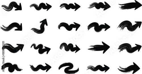 Set of 20 black artistic brush stroke arrows in various shapes isolated on transparent