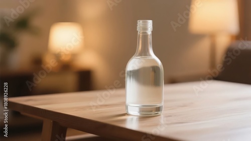 Wallpaper Mural A transparent wine bottle is placed on a wooden table, presented in a warm indoor environment, showing the texture of alcoholic beverages and elegant life aesthetics. Torontodigital.ca