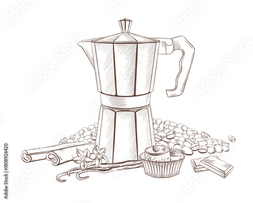 Metal geyser coffee maker,coffee beans,cinnamon,vanilla pods and flowers,chocolate,sweet dessert Turkish delight.For morning ritual of coffee lovers.Vector illustration hand drawn in line style