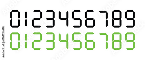 Digital Clock Numbers Vector Set with Green and Black LED Display Style from Zero to Nine
