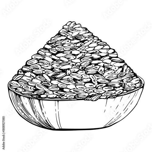 Dry seeds of lavandula lavender heap in round wooden ceramic bowl. Isolated illustration, vector ink hand drawn. Linen closet herbal potpourri, handmade packaging, relaxation and calming aromatherapy