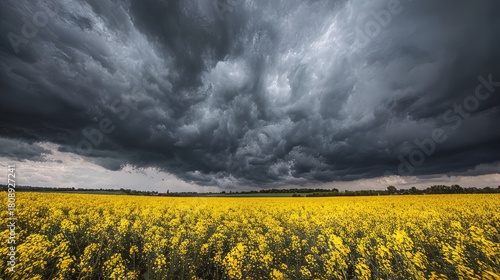 Thunderstorm approaching rapeseed field, symbolizing weather and forecast.