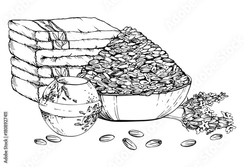 Shallow ceramic dish with natural lavender seeds, lavandula flower stalks, bath towels and bomb infused with petals. Isolated illustration hand drawn in vector ink. Farmer's lavender fair, spa salon