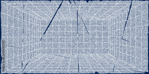 3D wireframe perspective grid room template design vector illustration background. Empty three dimensional virtual room perspective wireframe grid geometric sketch. Cyber virtual line interior frame