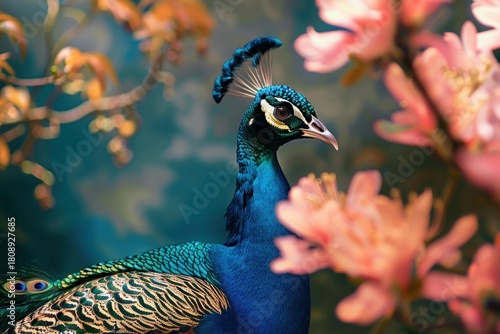Fototapeta Naklejka Na Ścianę i Meble -  Close up of peacock with iridescent blue and green feathers near pink flowers