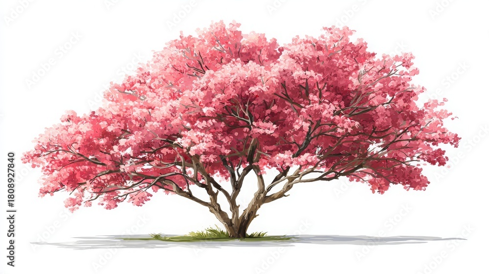 Fototapeta premium Watercolor vector of a blooming tree, side view on white, ideal for landscaping, architectural drawings, and botanical garden elements.