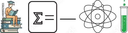 Science Education Vector with Student, Summation, Atom, and Test Tube