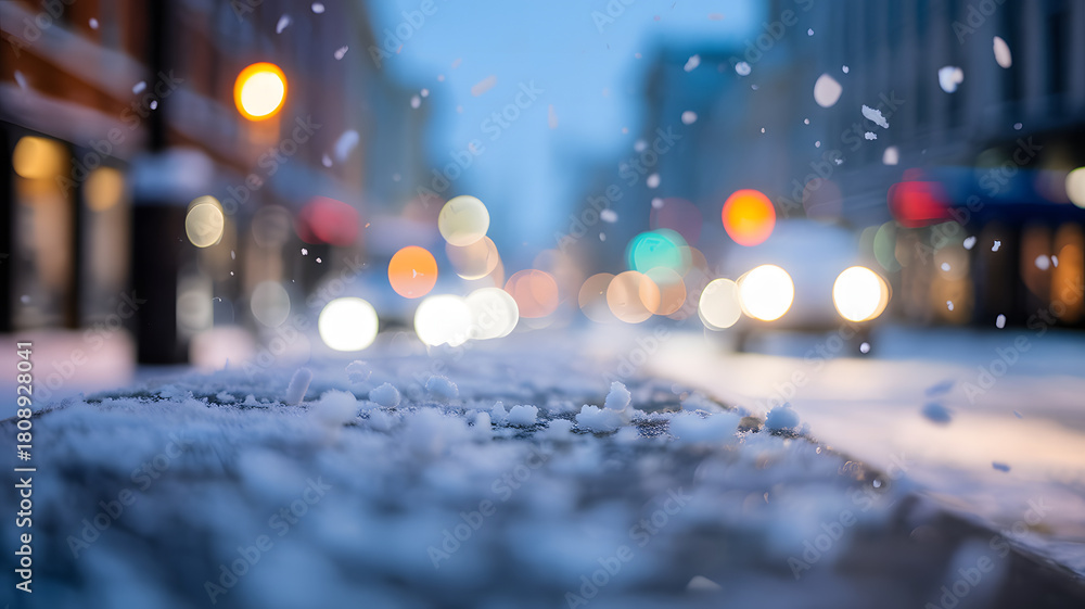 Obraz premium Soft snowfall on a city street with blurry lights
