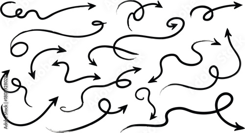Winding curved arrow collection thin looping lines hand drawn direction pointer element set.