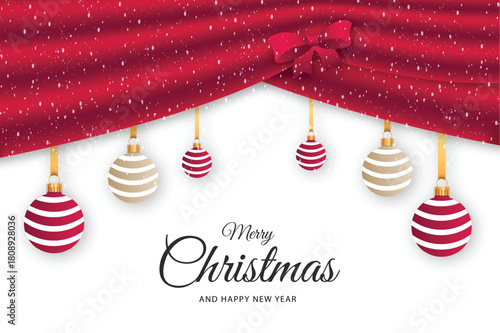Merry Christmas And Happy New Year Greeting With Hanging Red And Gold Ornaments