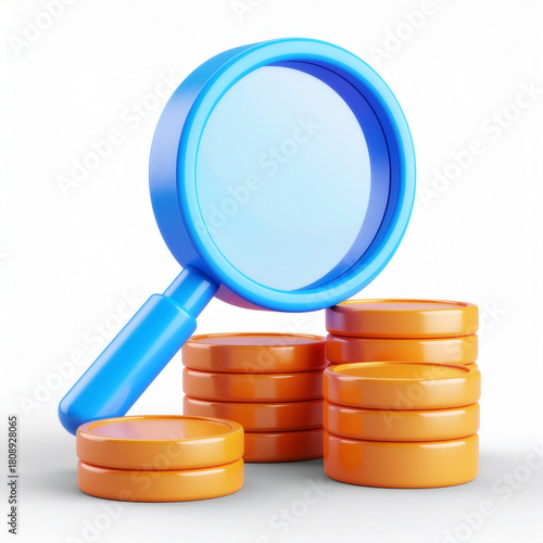3d render of glossy blue magnifying glass examining stacks of gold coins, financial analysis and market research concept