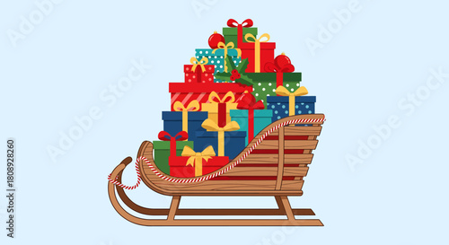 A classic wooden sleigh is overflowing with a large pile of colorful wrapped Christmas presents.